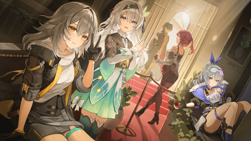 1boy 4girls absurdres ass black_capelet black_gloves black_hair black_jacket black_pantyhose black_shorts black_skirt blade_(honkai:_star_rail) breasts capelet crop_top cup dress drill_hair drinking_glass firefly_(honkai:_star_rail) gloves goggles goggles_on_head green_dress grey_eyes grey_hair happyongdal high-waist_shorts high_heels highres holding holding_cup honkai:_star_rail honkai_(series) jacket kafka_(honkai:_star_rail) long_hair looking_at_viewer miniskirt multiple_girls own_hands_together pantyhose purple_eyes shirt shorts silver_wolf_(honkai:_star_rail) sitting skirt smile standing stellaron_hunters_(honkai:_star_rail) stelle_(honkai:_star_rail) thigh_strap thighs trailblazer_(honkai:_star_rail) v very_long_hair white_shirt wine_glass yellow_eyes