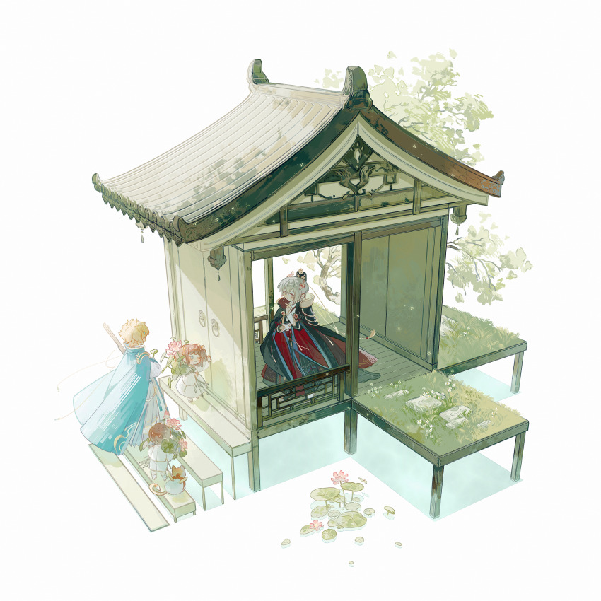 1girl 3boys age_difference aged_down architecture arm_guards black_cape black_robe blonde_hair blue_cape blue_eyes bouquet brown_hair butterfly_hair_ornament cape child chinese_clothes dezhou_chicken_(the_tale_of_food) diorama dress east_asian_architecture facing_away female_master_(the_tale_of_food) flower fuli_chicken_(the_tale_of_food) full_body grass grey_eyes grey_hair gun hair_between_eyes hair_ornament hanfu highres holding holding_bouquet holding_gun holding_weapon isometric knocking lily_pad long_sleeves lotus lotus_leaf lu_wu_(the_tale_of_food) male_master_(the_tale_of_food) multiple_boys official_alternate_costume pier pink_flower red_cape rifle robe shirt short_hair shorts shuling stairs standing stone_walkway the_tale_of_food tree two-sided_cape two-sided_fabric two_side_up veranda water weapon white_background white_dress white_robe white_shirt white_shorts wooden_floor xiao_guan_(headdress)