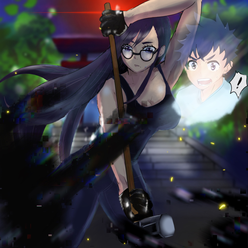 1boy 1girl armpits black_hair black_top breasts cleavage glasses gloves hammer highres large_breasts long_hair looking_at_viewer minakata_hizuru minakata_ryuunosuke ponytail summertime_render tank_top weapon