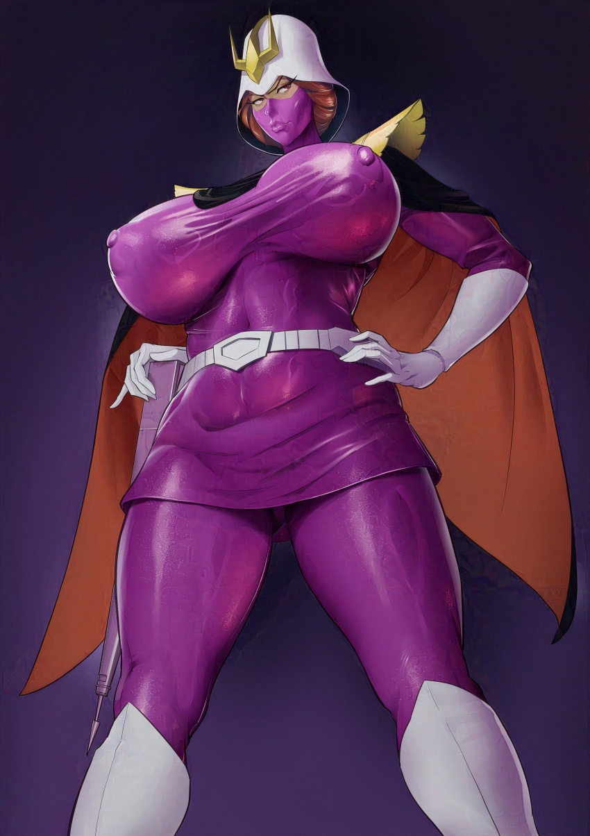 1girl absurdres boots breasts cape gloves gradient_background gun gundam helmet highres impossible_clothes kirin_ouji kycilia_zabi large_breasts mask military military_uniform mobile_suit_gundam mouth_mask purple_background red_hair short_hair solo standing toned weapon white_boots white_gloves