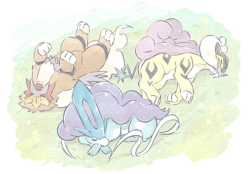 animal_focus claws closed_eyes commentary_request entei fangs flower gen_2_pokemon grass highres legendary_pokemon lying nintendo no_humans open_mouth pokemon pokemon_(creature) pokemon_sleep raikou suicune toneko
