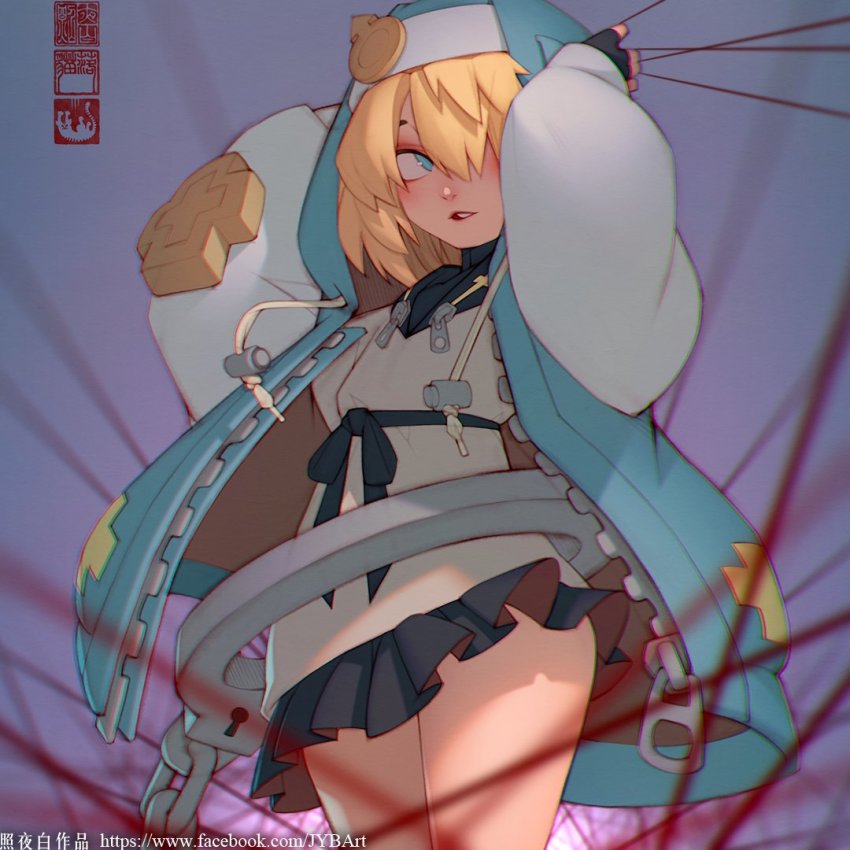 1boy black_skirt blonde_hair blue_eyes blush bridget_(guilty_gear) chinese_commentary commentary_request cuffs fingerless_gloves gloves guilty_gear guilty_gear_strive habit hair_over_one_eye handcuffs hood hooded_jacket jacket male_focus mars_symbol miniskirt pleated_skirt plus_sign skirt solo string thighs trap unconventional_belt watermark web_address zhaoyebai