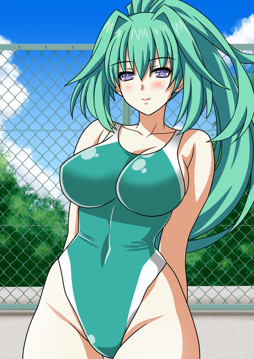1girl absurdres arms_behind_back blue_sky breasts chain-link_fence choujigen_game_neptune cloud competition_swimsuit covered_navel cowboy_shot day fence green_hair green_heart_(neptunia) green_one-piece_swimsuit highleg highleg_one-piece_swimsuit highres large_breasts long_hair looking_at_viewer neptune_(series) one-piece_swimsuit outdoors ponytail power_symbol-shaped_pupils purple_eyes sky solo swimsuit symbol-shaped_pupils yuuyuu_(3jjbn)