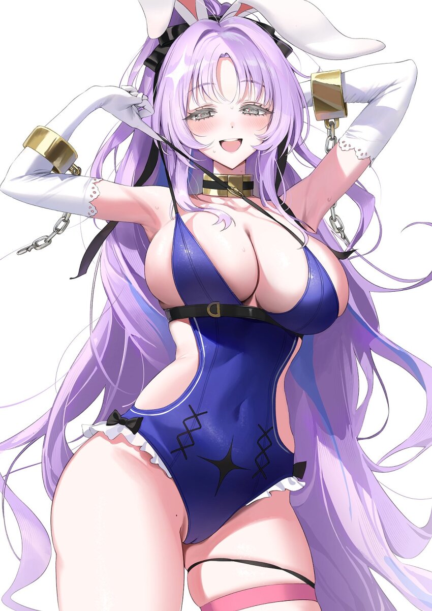 1girl :d ame_(uten_cancel) animal_ears armpits arms_up bare_shoulders blue_one-piece_swimsuit blush breasts chain cleavage covered_navel elbow_gloves gloves grey_eyes highres large_breasts long_hair looking_at_viewer one-piece_swimsuit open_mouth parted_bangs ponytail purple_hair rabbit_ears shia_(stella_sora) sideboob simple_background smile solo stella_sora strap_pull swimsuit teeth thigh_strap upper_teeth_only white_background white_gloves
