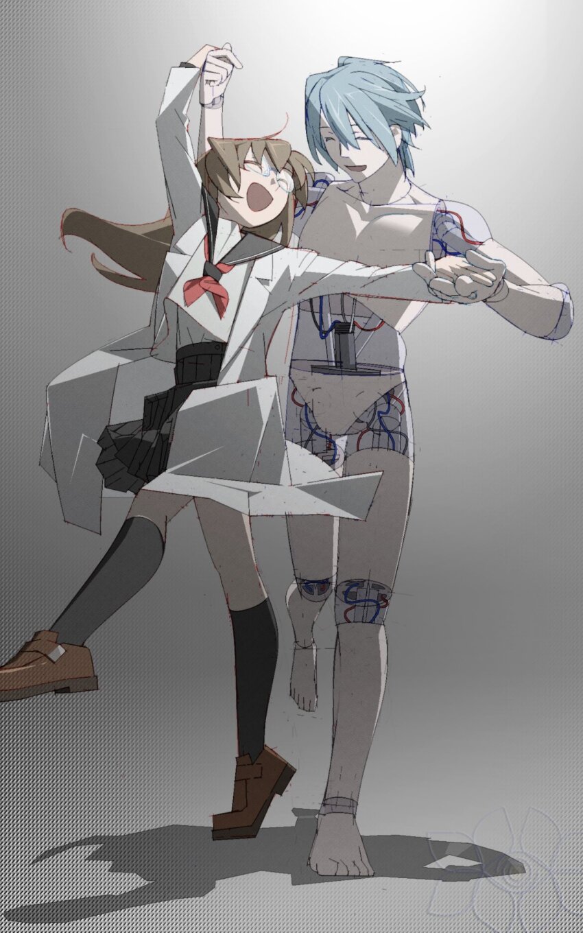 1boy 1girl android arm_up barefoot behind_another black_sailor_collar black_skirt black_socks blue_hair brown_footwear brown_hair closed_eyes coat completely_nude dancing floating_hair full_body glasses grey_background highres holding_hands joints kneehighs lab_coat loafers long_hair mechabare microsoft_paint_(medium) neckerchief no_genitals nude open_clothes open_coat open_mouth original pleated_skirt red_neckerchief robot_joints sailor_collar school_uniform see-through_body serafuku shadow shirt shoes short_hair skirt smile socks standing standing_on_one_leg tiptoes tkwkai undershirt white_coat white_shirt
