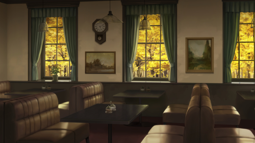 clock commentary_request condiment couch curtains flower_pot highres ito_eri no_humans original painting_(object) pepper_(spice) plant restaurant salt scenery table tree window