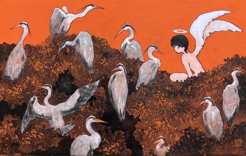 1boy angel angel_wings artist_logo bird black_eyes black_hair completely_nude feathered_wings halo heron highres leaf limited_palette logo looking_at_animal male_focus nude orange_background orange_theme original painting_(medium) short_hair simple_background sitting solo too_many too_many_birds traditional_media tsurikawa373 white_wings wide_shot wings
