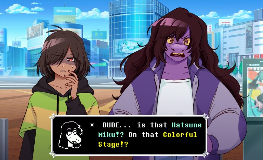 1girl 1other alternate_skin_color colored_skin colored_teeth crossover dark_skin deltarune freckles furry furry_female highres hood hoodie jacket kris_(deltarune) long_hair open_clothes open_jacket parody project_sekai purple_skin red_eyes reptile_girl sharp_teeth shirt style_parody susie_(deltarune) teeth thelostmoongazer vocaloid yellow_teeth