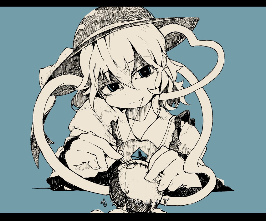 1girl absurdres ascot blouse closed_eyes female_focus flanvia green_background hair_between_eyes hat hat_ribbon head_tilt highres komeiji_koishi letterboxed light_smile long_sleeves needle ribbon ringed_eyes sewing shirt short_hair simple_background smile solo spot_color stitched stitches string tears third-party_edit third_eye touhou upper_body