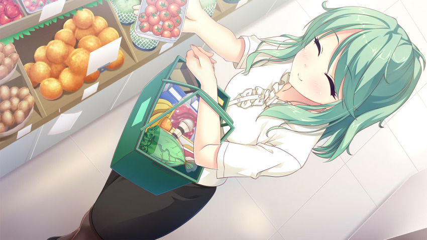 1girl basket black_skirt blouse blush cherry_tomato closed_eyes closed_mouth dutch_angle food frilled_shirt frills from_above fruit game_cg green_hair grocery_store hand_up highres holding holding_basket holding_food indoors kitaooji_karen lettuce long_hair making_lovers melon official_art pantyhose parted_bangs pencil_skirt ponytail shirt shopping shopping_basket sidelocks skirt smile solo taniyama-san third-party_source tile_floor tiles tomato variant_set white_shirt