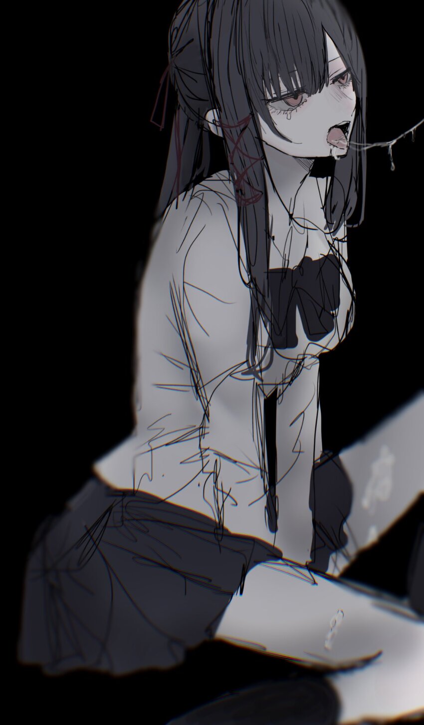 1girl akai_ringo_(eveyuno) black_background black_hair hair_ribbon high_ponytail highres looking_at_another neck_ribbon original pleated_skirt ponytail ribbon saliva saliva_trail sitting skirt