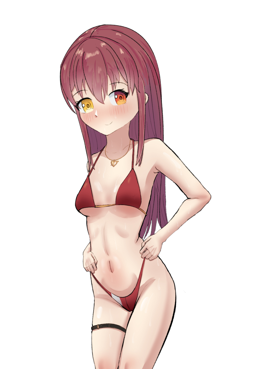 1girl arrow_through_heart artist_request bikini blush breasts cleavage hair_between_eyes heart heart_necklace highres hololive houshou_marine houshou_marine_(summer) jewelry long_hair looking_at_viewer navel necklace non-web_source panties pirate red_hair solo source_request swimsuit underwear virtual_youtuber