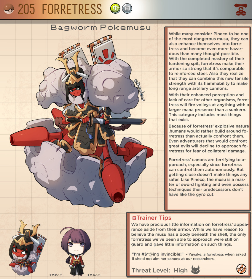 1boy armor artist_name black_eyes black_hair breasts brown_background character_name character_profile chitin cleavage colored_skin commentary english_commentary english_text forretress gen_2_pokemon highres holding holding_sword holding_weapon japanese_armor kinkymation large_breasts long_hair nintendo personification poke_ball poke_ball_(basic) pokemon red_skin samurai sheath sheathed sword uncensored weapon