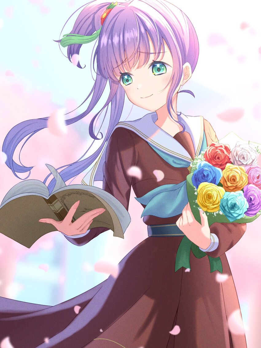 1girl aqua_neckerchief blue_flower blush book bouquet brown_dress cherry_blossoms closed_mouth commentary_request cowboy_shot dress falling_petals flower flower_stand_art graduation green_eyes hair_bun hair_flower hair_ornament hasu_no_sora_school_uniform highres holding holding_book holding_bouquet link!_like!_love_live! lone_nape_hair long_hair long_sleeves love_live! medium_dress nanase_itsuki neckerchief orange_flower otomune_kozue petals pink_flower pink_petals pleated_dress purple_flower raised_inner_eyebrows ranunculus red_flower sailor_collar sailor_dress school_uniform side_ponytail sidelocks single_side_bun smile solo split_mouth standing tassel tassel_hair_ornament virtual_graduation_commemoration virtual_youtuber white_flower white_sailor_collar winter_uniform yellow_flower