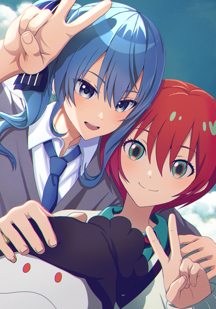 2girls absurdres amate_yuzuriha arm_up blue_eyes blue_hair blue_necktie blue_sky closed_mouth cloud collared_shirt day green_eyes gundam gundam_gquuuuuux hand_up highres hololive hoshimachi_suisei konbanwa01 looking_at_viewer multiple_girls necktie red_hair shirt short_hair side_ponytail sky smile star_(symbol) star_in_eye symbol_in_eye v white_shirt