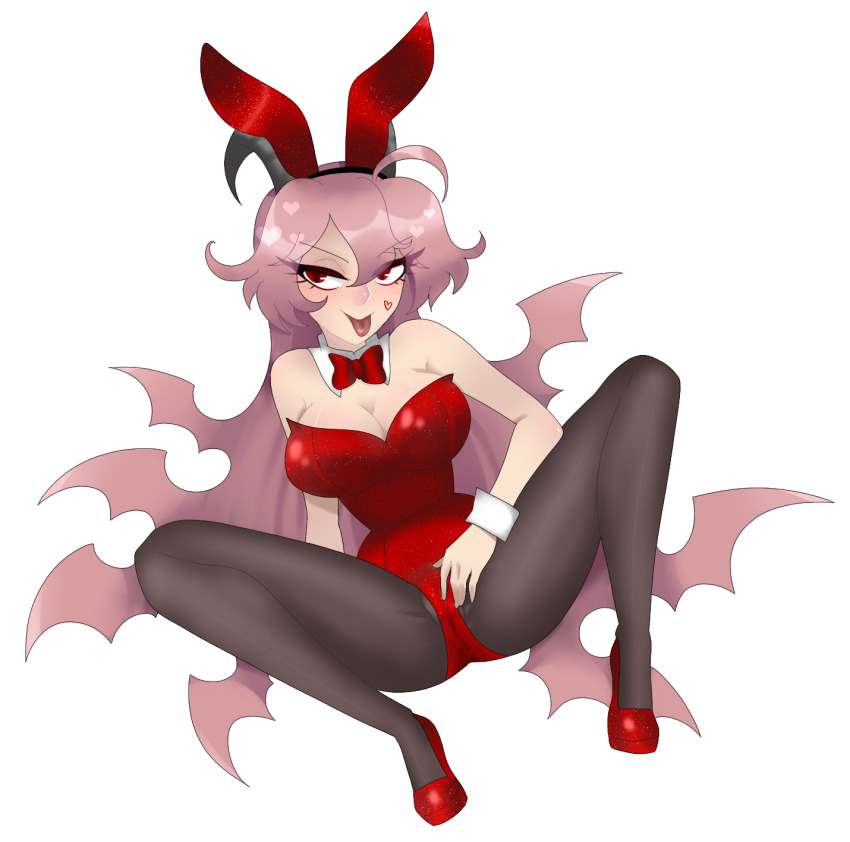 1girl animal_ears bare_shoulders black_hairband black_pantyhose bow bowtie breasts cleavage cleft_of_venus demon_girl demon_horns detached_collar eyes_visible_through_hair facial_mark fake_animal_ears female_masturbation funamusea gallaxi hair_between_eyes hair_wings hairband heart heart_facial_mark high_heels highres horns implied_masturbation large_breasts leotard lil_(funamusea) long_hair looking_to_the_side masturbation pantyhose pink_hair playboy_bunny rabbit_ears red_bow red_bowtie red_heels red_leotard solo spread_legs strapless strapless_leotard tongue tongue_out transparent_background