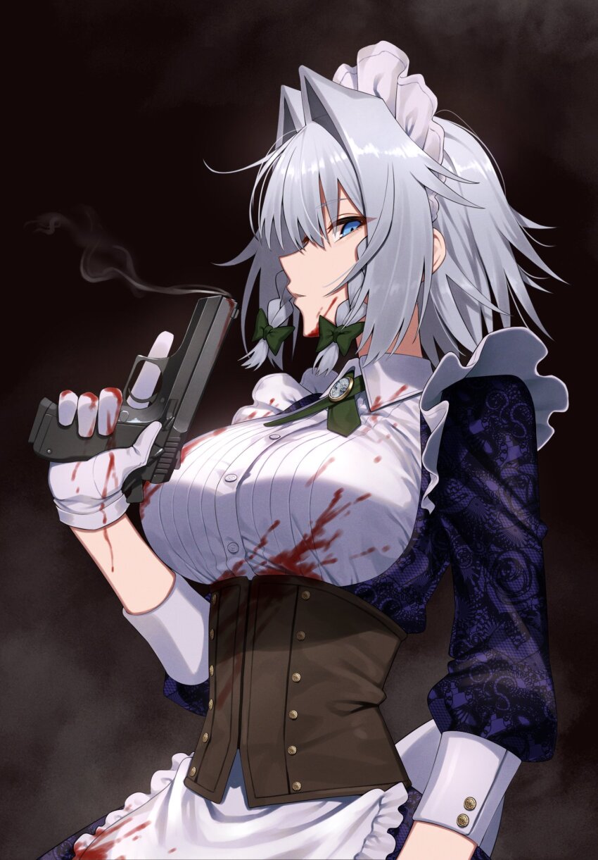 1girl apron blood blood_on_clothes blue_dress blue_eyes bow braid breasts brown_corset corset dress gloves green_bow greenkohgen grey_hair gun h&amp;k_p30 hair_bow handgun highres holding holding_gun holding_weapon izayoi_sakuya large_breasts maid maid_headdress short_hair solo touhou trigger_discipline twin_braids upper_body weapon white_apron white_gloves white_headdress