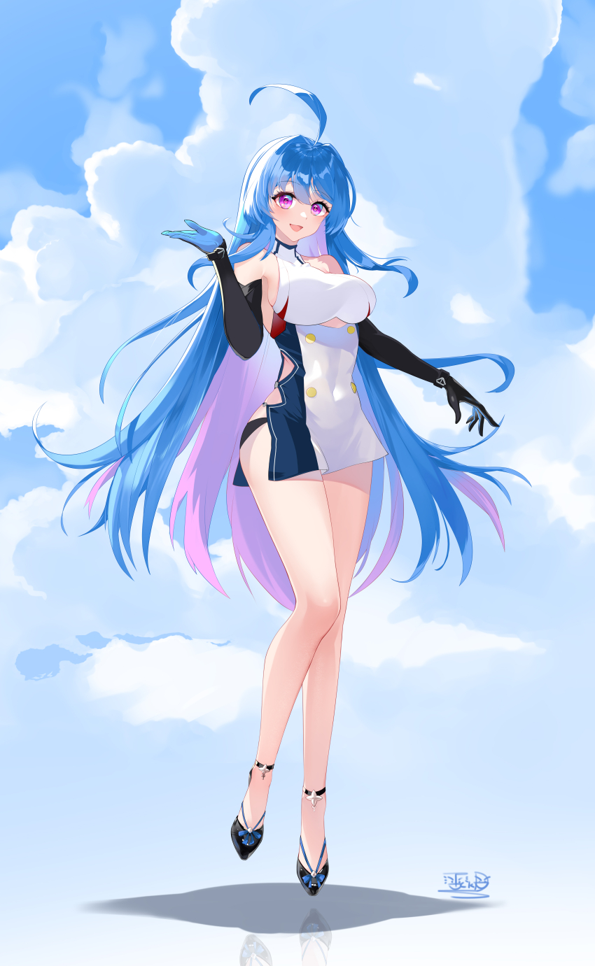 1girl :d absurdres azur_lane bare_legs bare_shoulders black_gloves black_headwear blue_hair blush breasts buttons clothing_cutout covered_navel curly_hair double-breasted dress elbow_gloves full_body gloves hair_between_eyes hand_up happy helena_(azur_lane) helena_(retrofit)_(azur_lane) highres hip_focus large_breasts leg_up legs long_hair looking_at_viewer medium_breasts multicolored_hair open_mouth purple_eyes purple_hair reflection sideless_dress skin_tight sky sleeveless sleeveless_dress smile solo tckd thighs two-tone_hair underboob_cutout very_long_hair