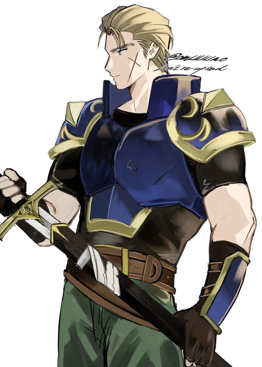 1boy armor belt blonde_hair blue_eyes breastplate commentary_request fire_emblem fire_emblem:_mystery_of_the_emblem green_panties highres holding holding_sword holding_weapon male_focus mature_male nintendo ogma_(fire_emblem) omlililimo panties pauldrons scar scar_on_face short_hair shoulder_armor single_pauldron solo standing sword underwear weapon