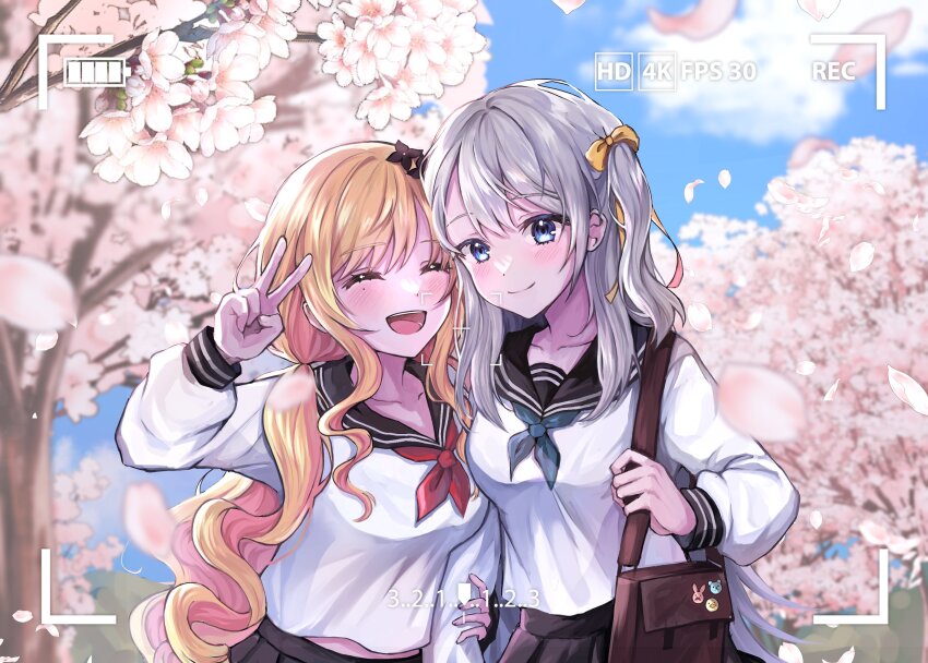 2girls :d ^_^ bag ban_hada battery_indicator blonde_hair blue_eyes blue_neckerchief blush bow breasts cherry_blossoms closed_eyes collarbone colored_inner_hair dochmaru grey_hair hair_bow highres holding holding_another&#039;s_arm holding_bag korean_commentary long_hair medium_breasts midriff_peek mole mole_under_eye multicolored_hair multiple_girls neckerchief nijisanji nijisanji_kr one_side_up open_mouth petals pink_hair recording red_neckerchief school_uniform seffyna serafuku shirt smile very_long_hair viewfinder virtual_youtuber white_shirt yellow_bow