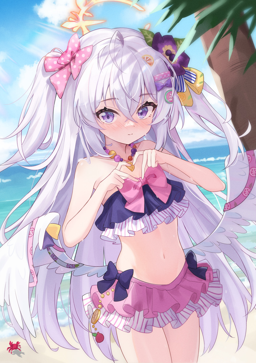 1girl absurdres azusa_(blue_archive) azusa_(swimsuit)_(blue_archive) beach bikini blue_archive bow breasts closed_mouth commentary cowboy_shot crab crossed_bangs day exusiai_dust feathered_wings flower four-finger_heart_hands grey_hair hair_between_eyes hair_bow hair_flower hair_ornament halo heart heart_hands highres long_hair looking_at_viewer low_wings navel official_alternate_costume outdoors purple_eyes ruffle_bikini small_breasts solo two_side_up very_long_hair white_wings wings yellow_halo