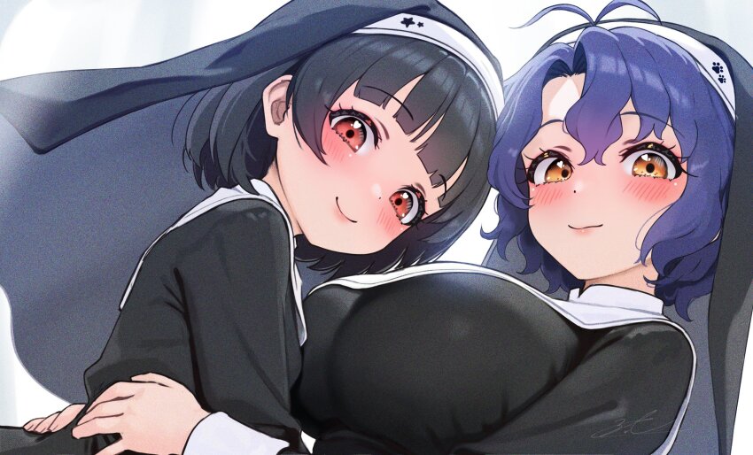 2girls alternate_costume antenna_hair black_dress black_hair black_hat blue_hair blunt_bangs blush breasts c_(theta) commentary_request commission dress hands_on_another&#039;s_waist hat highres idolmaster idolmaster_million_live! large_breasts looking_at_viewer multiple_girls nakatani_iku short_hair skeb_commission smile toyokawa_fuka upper_body