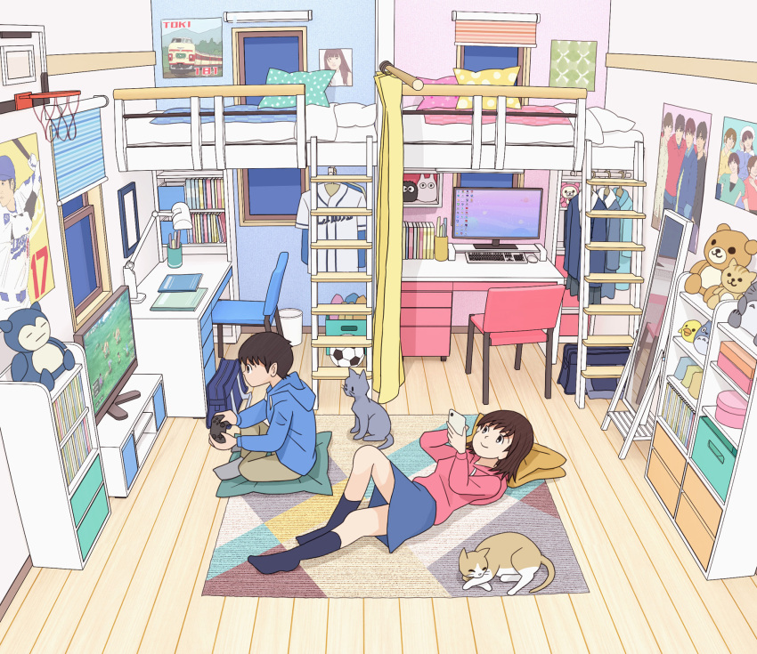 1boy 1girl animal bag ball baseball_bat basketball_hoop bed bedroom black_eyes black_skirt black_socks blanket blue_cardigan blue_hoodie blue_skirt breasts brother_and_sister brown_hair brown_pants bunk_bed cardigan cat cellphone clothes_hanger computer computer_keyboard computer_mouse controller cup curtains desk desk_lamp game_controller gen_1_pokemon grey_fur grey_socks highres holding holding_controller holding_game_controller holding_phone hood hoodie kiyo_(kyokyo1220) lamp long_sleeves lying mirror monitor moomin moomintroll nintendo on_floor orange_fur original pants pen phone pillow pink_hoodie playing_games pokemon poster_(object) rilakkuma rug san-x school_bag shirt short_hair siblings sitting skirt small_breasts smartphone smile snorlax soccer_ball socks studio_ghibli stuffed_animal stuffed_bird stuffed_cat stuffed_toy teddy_bear television tonari_no_totoro totoro unworn_cardigan unworn_shirt unworn_skirt white_shirt window window_blinds