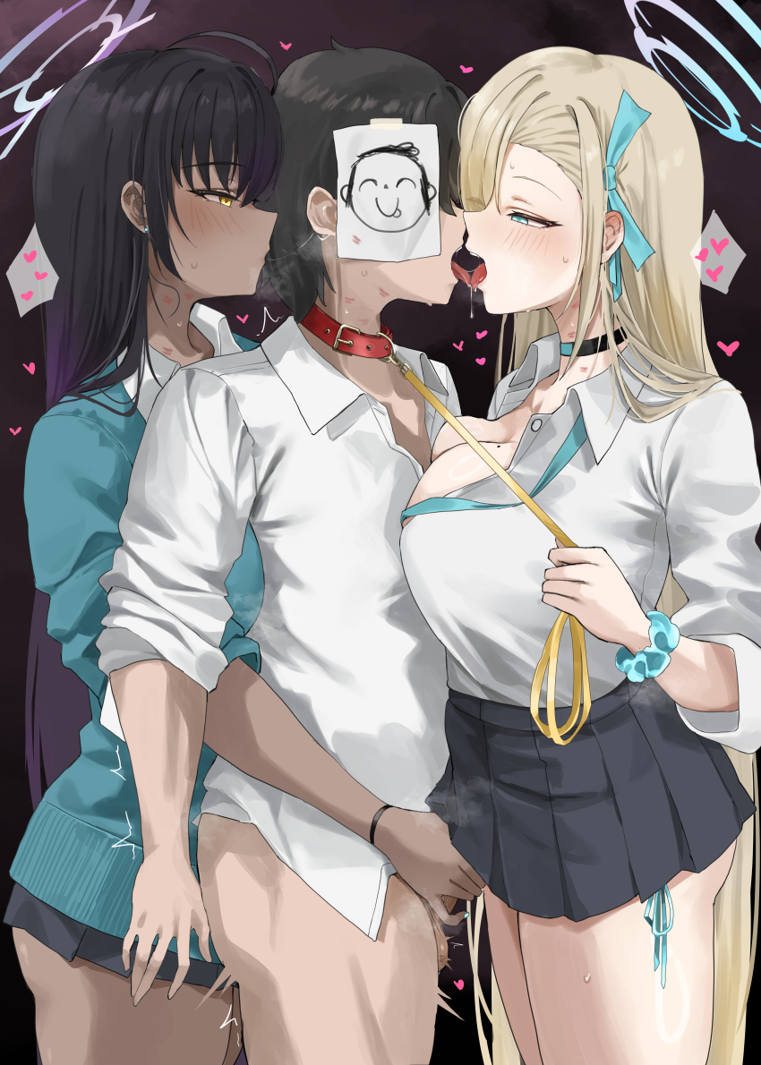 1boy 2girls absurdres asuna_(blue_archive) asuna_(school_uniform)_(blue_archive) belt_collar black_choker black_hair black_skirt blonde_hair blue_archive blue_cardigan blue_eyes blue_halo blue_ribbon blue_sweater breasts cardigan choker cleavage collar commentary cum dark-skinned_female dark_skin doodle_sensei_(blue_archive) ffm_threesome french_kiss gradient_hair group_sex hair_ribbon halo handjob heart hetero highres holding holding_leash karin_(blue_archive) karin_(school_uniform)_(blue_archive) kiss large_breasts leash lipstick_mark lipstick_mark_on_neck long_hair miniskirt miz_blank multicolored_hair multiple_girls no_pants official_alternate_costume purple_background purple_hair purple_halo red_collar ribbon school_uniform sensei_(blue_archive) shirt skirt sweater symbol-only_commentary threesome very_long_hair white_shirt yellow_eyes