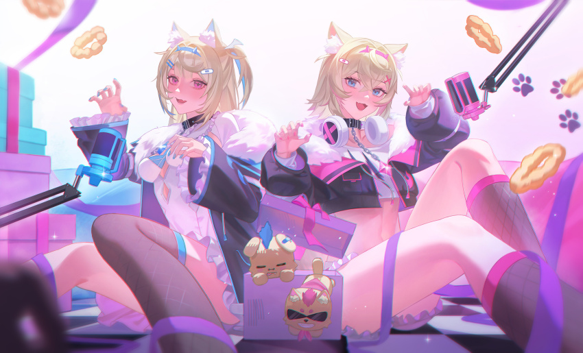 2girls :d animal_collar animal_ear_fluff animal_ears bandaid bandaid_hair_ornament belt belt_collar bib_collar black_coat black_jacket blonde_hair blue_eyes blue_hair blue_hairband blue_nails blurry blurry_background blurry_foreground blush box breasts center_frills chain checkered_floor claw_pose cleavage_cutout clothing_cutout coat collar collarbone colored_inner_hair commentary crop_top cropped_jacket cropped_shirt crossed_bangs cutout_above_navel detached_collar dog_ears dog_girl dog_tail double-parted_bangs dress english_commentary eyelashes eyeshadow fang fingernails fishnet_thighhighs fishnets foot_out_of_frame frilled_shirt_collar frilled_shorts frilled_sleeves frills fur-trimmed_coat fur-trimmed_jacket fur_trim fuwawa_abyssgard fuwawa_abyssgard_(1st_costume) gift gift_box hair_between_eyes hair_intakes hair_ornament hairband hairclip hairpin half_updo headphones headphones_around_neck highres hololive hololive_english horn_hairband jacket jewelry knee_up light_particles long_hair long_sleeves looking_at_viewer lower_teeth_only makeup medium_breasts microphone mococo_abyssgard mococo_abyssgard_(1st_costume) multicolored_hair multiple_girls multiple_hairpins necklace open_mouth pink_belt pink_eyes pink_eyeshadow pink_hair pink_hairband pink_nails pink_streaks puffy_long_sleeves puffy_sleeves ruffian_(fuwamoco) shirt short_dress short_hair short_shorts shorts siblings simple_background single_leg_pantyhose sisters sitting skin_fang small_breasts smile stomach streaked_hair tail teeth thighhighs thighs twins twitter_username two-tone_hair two_side_up virtual_youtuber white_background white_dress white_shirt x_hair_ornament xiisalt