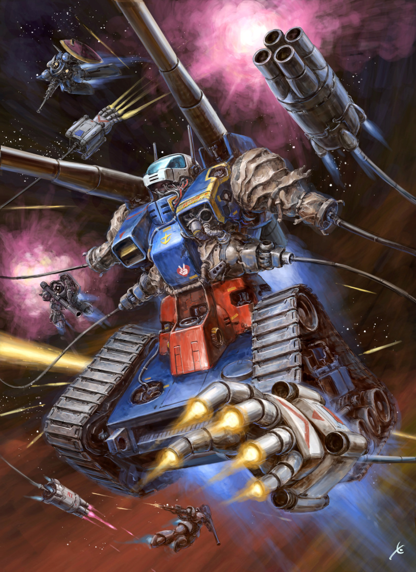 absurdres alternate_universe assault_visor bazooka_(gundam) beam_cannon beam_rifle cable caterpillar_tracks commentary_request dra-c earth_federation energy_gun explosion finger_cannon firing flying gatling_gun gun gundam gundam_0083 guntank heart highres holding holding_gun holding_weapon machinery mecha mecha_focus mobile_suit mobile_suit_gundam no_humans one-eyed redesign rick_dom robot science_fiction shield shoulder_cannon space star_(sky) weapon youkoumori