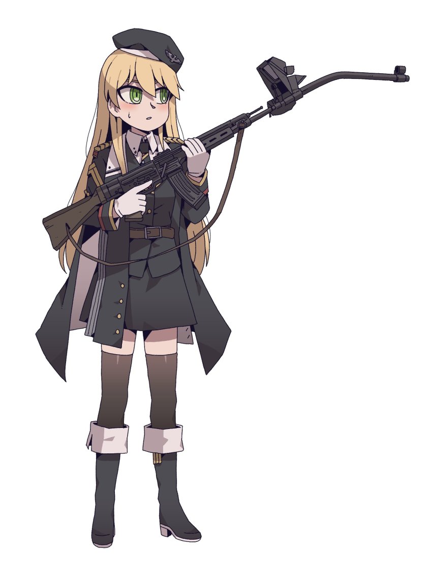 1girl assault_rifle belt beret blonde_hair boots curved_gun_barrel girls&#039;_frontline green_eyes gun hat highres holding holding_gun holding_weapon karepack krummlauf military military_hat military_uniform mod3_(girls&#039;_frontline) necktie rifle solo stg44 stg44_(girls&#039;_frontline) stg44_(mod3)_(girls&#039;_frontline) sweatdrop weapon wehrmacht white_background