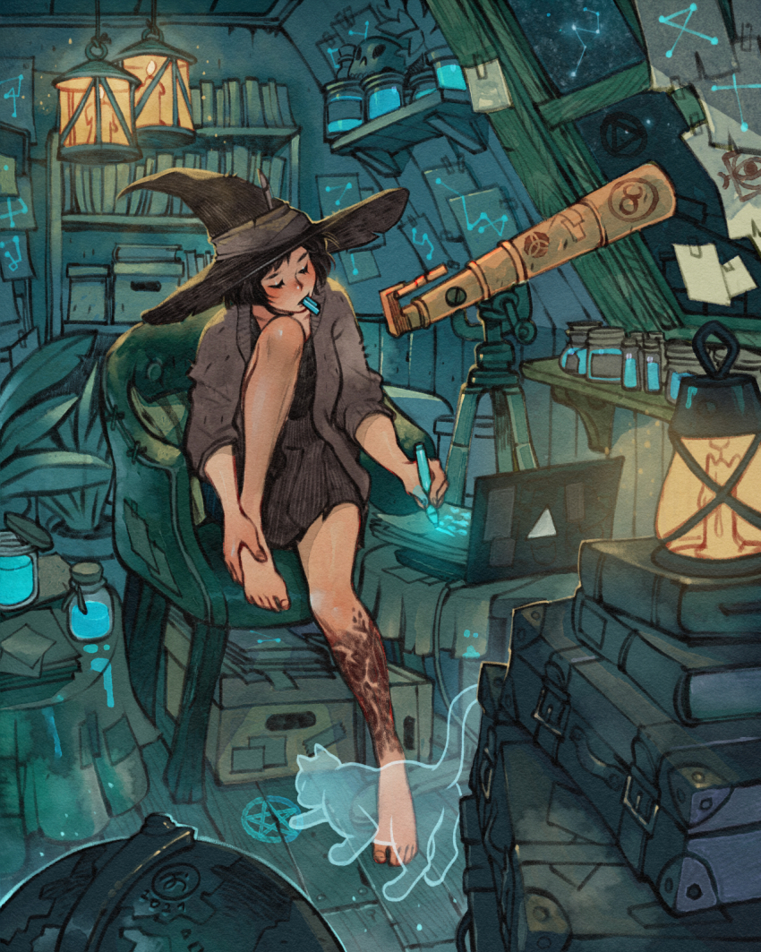 1girl artist_logo barefoot black_dress black_hat book book_stack candle cardigan cat chair closed_eyes commentary computer constellation dated dress feet feet_on_chair full_body ghost globe glowing_runes grey_cardigan grey_ribbon hanging_lantern hat hat_ribbon highres holding holding_own_foot holding_pen indoors jar knee_up lantern laptop leg_tattoo logo night night_sky on_chair original pen pen_cap_in_mouth pentagram plant potted_plant ribbon shelf simz sitting skull sky solo star_(sky) suitcase table tattoo telescope window witch_hat wooden_floor writing