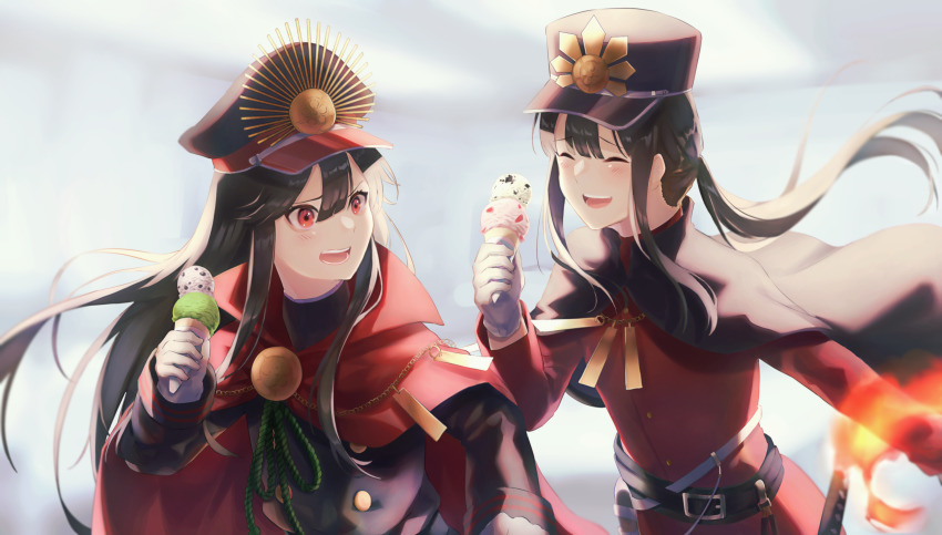 1boy 1girl belt black_hair cloak closed_eyes fate/grand_order fate_(series) food gloves hat highres holding holding_food ice_cream long_hair looking_at_another military military_hat military_uniform mipi oda_nobukatsu_(fate) oda_nobunaga_(fate) oda_nobunaga_(koha-ace) open_mouth ponytail red_eyes upper_body white_gloves