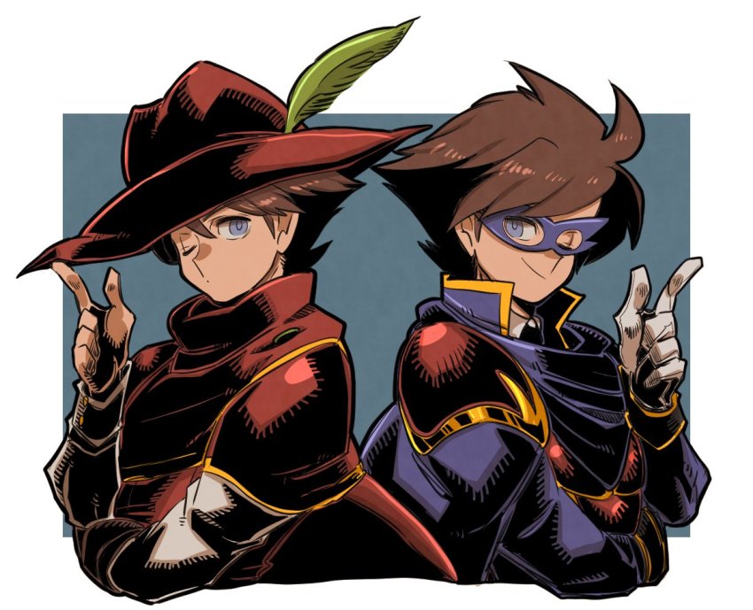 1boy bartz_klauser blue_cape blue_eyes blue_mage_(final_fantasy) brown_hair cape domino_mask dual_persona final_fantasy final_fantasy_v gloves hat mask red_cape red_headwear red_mage_(final_fantasy) saitou_piyoko white_gloves