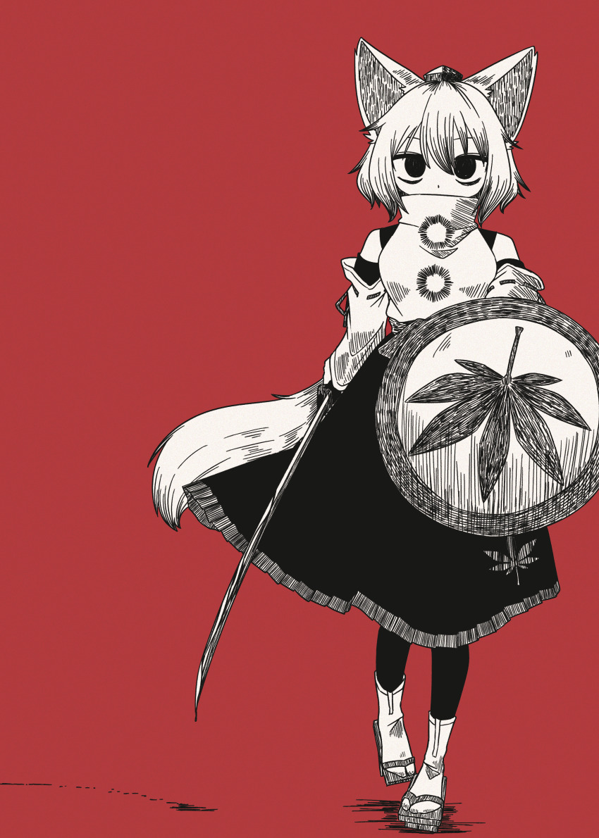 1girl absurdres animal_ears bare_shoulders breasts detached_sleeves empty_eyes frilled_skirt frills full_body greyscale_with_colored_background hat highres holding holding_shield holding_sword holding_weapon inubashiri_momiji kasuya_baian leaf_print looking_at_viewer maple_leaf_print pom_pom_(clothes) red_background shield skirt solo sword tail tokin_hat touhou walking weapon wolf_ears wolf_tail
