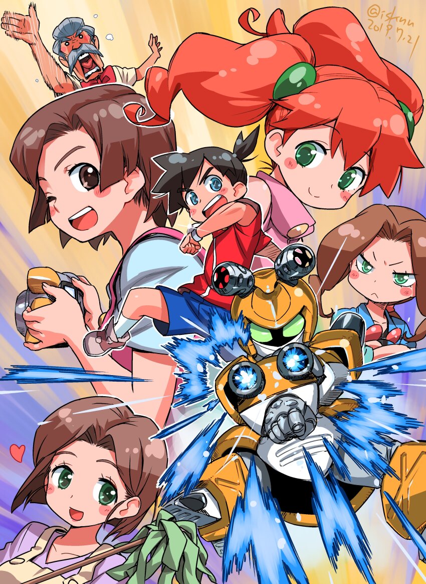 2boys 4girls absurdres aiming aiming_at_viewer amazake_arika apron arm_up artist_name blue_eyes blue_shirt blue_shorts blush_stickers bob_cut bow bowtie brown_hair brown_shoes camera commentary curtained_hair dated duster energy eyewear_around_neck facial_hair green_eyes grey_hair hair_ornament hands_up heart highres holding holding_camera holding_duster horns isedaichi_ken junmai_karin kikuhime looking_at_viewer looking_back looking_to_the_side medarot medarot_2 metabee mr._referee multiple_boys multiple_girls mustache one_eye_closed open_mouth overalls pink_overalls pink_shirt ponytail purple_shirt red-tinted_eyewear red_bow red_hair red_shirt robot round_eyewear shirt shoes short_hair short_ponytail shorts single_horn sleeveless sleeveless_shirt sleeveless_turtleneck smile socks sunglasses tenryou_chidori tenryou_ikki tinted_eyewear turtleneck twintails twitter_username watch white_shirt white_socks wristwatch yellow_apron