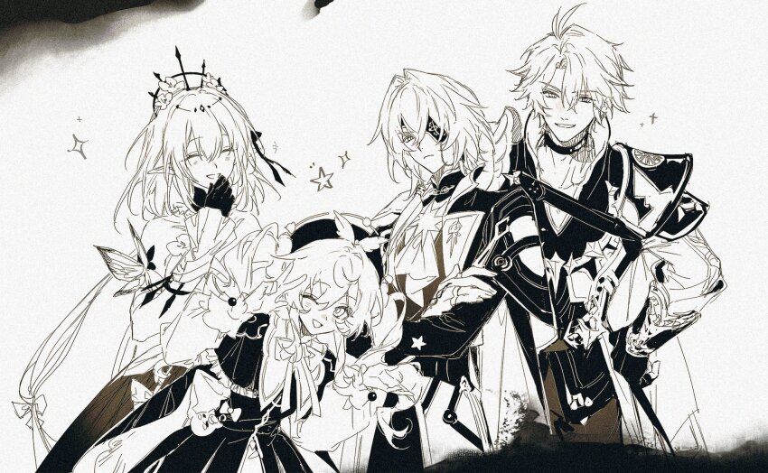 2boys 2girls anaxa_(honkai:_star_rail) castorice_(honkai:_star_rail) closed_eyes eyepatch grin highres honkai:_star_rail honkai_(series) hyacine_(honkai:_star_rail) medium_hair monochrome multiple_boys multiple_girls one_eye_closed one_eye_covered phainon_(honkai:_star_rail) renjian_shilian short_hair side_ponytail sketch smile teeth twintails