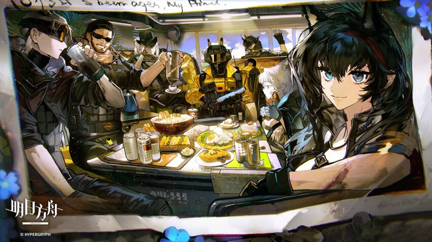 3girls 4boys ace_(arknights) arknights beard blaze_(arknights) facial_hair fingerless_gloves gloves group_picture highres holding holding_stuffed_toy infection_monitor_(arknights) looking_back mechanist_(arknights) misery_(arknights) multiple_boys multiple_girls nano_(c175311) outcast_(arknights) rosmontis_(arknights) scout_(arknights) smile stuffed_animal stuffed_rabbit stuffed_toy sunglasses table waving