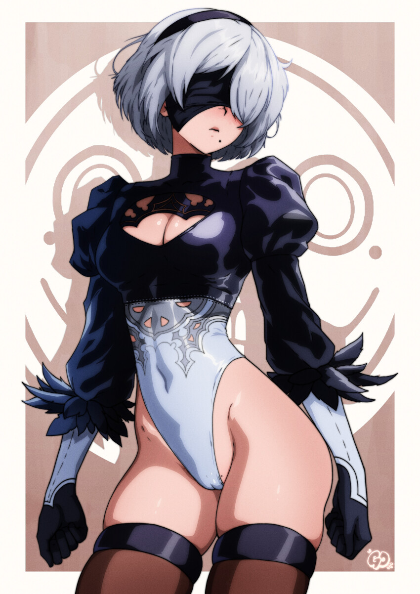 1girl 2b_(nier:automata) absurdres black_gloves black_hairband black_leotard black_thighhighs blindfold border breasts brown_background cleavage_cutout clothing_cutout cowboy_shot feather_trim gloves gravydood grey_hair hairband highleg highleg_leotard highres juliet_sleeves leotard long_sleeves medium_breasts mole mole_under_eye multicolored_leotard nier:automata nier_(series) puffy_sleeves short_hair skindentation solo thighhighs thighs turtleneck two-tone_leotard white_border white_leotard