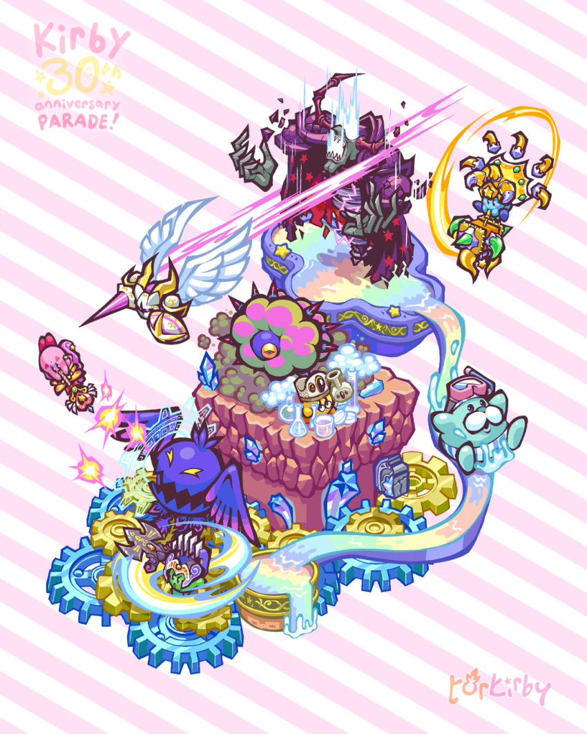 anniversary arms_up artist_name beaker beam_mage blush blush_stickers character_name copyright_name crystal doctor_healmore doomer_(kirby) dust flask flying galacta_knight gears glasses goggles goggles_on_head greater_doomer hammer hammer_lord hat highres holding holding_flask holding_hammer holding_polearm holding_sword holding_test_tube holding_wand holding_weapon horns kirby kirby_(series) lance midair mr._floaty nintendo one-eyed open_mouth parallel_nightmare polearm rayman_limbs round_eyewear sharp_teeth snorkel spikes striped_background super_kirby_clash swim_goggles sword sword_hero teeth test_tube torkirby two-tone_background venom_kracko wand water water_slide weapon wings