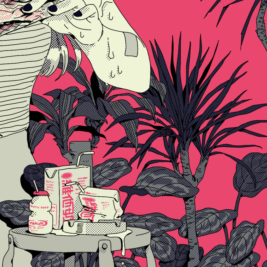 1girl ashtray bandaid bandaid_on_arm black_nails choo commentary cropped drink drinking_straw dripping english_commentary food grey_shirt grey_skirt greyscale_with_colored_background halftone head_out_of_frame holding holding_magazine juice_box leaf long_hair magazine_(object) monochrome original palm_tree pink_background pink_theme plant puddle shirt short_sleeves simple_background skirt solo striped_clothes striped_shirt sweat sweatdrop t-shirt table tree