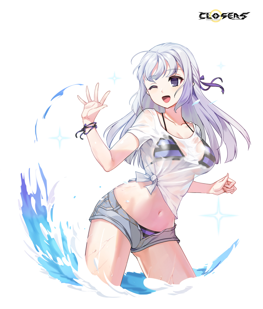 1girl ;d bikini bikini_under_clothes bikini_under_shorts black_bikini black_ribbon breasts closers copyright_name cowboy_shot grey_hair grey_shorts hair_ribbon hands_up highres large_breasts levia_(closers) logo long_hair looking_to_the_side multicolored_bikini multicolored_ribbon navel no_pupils official_art one_eye_closed open_mouth purple_bikini purple_eyes purple_ribbon ribbon see-through_clothes see-through_shirt shirt short_shorts short_sleeves shorts smile solo sparkle splashing stomach string_bikini striped_bikini striped_clothes swimsuit t-shirt tied_shirt variant_set wading water wet wet_clothes wet_shirt white_background white_shirt wrist_ribbon