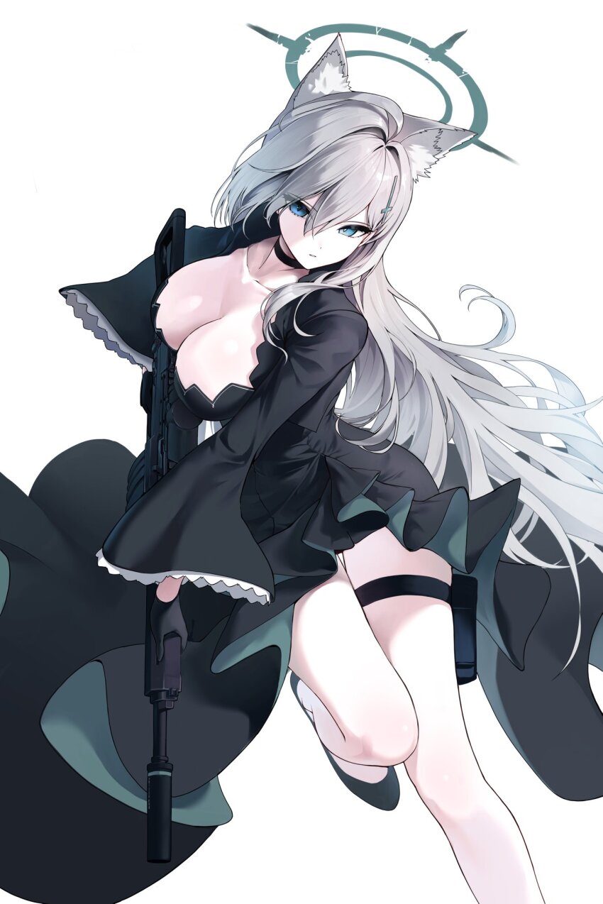 1girl animal_ear_fluff animal_ears assault_rifle black_choker black_dress black_footwear black_gloves blue_archive blue_eyes breasts choker cleavage dogee_(ch_dh0408) dress gloves grey_hair gun hair_between_eyes highres holding holding_gun holding_weapon large_breasts long_hair rifle shiroko_(blue_archive) shiroko_terror_(blue_archive) sidelocks sig_sauer sig_sauer_556 thigh_strap weapon wolf_ears wolf_girl