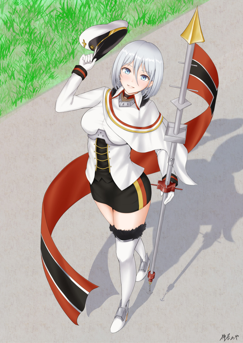 1girl anchor azur_lane black_skirt blue_eyes boots breasts cape capelet cross cross_earrings detached_sleeves earrings flag flagpole fur-trimmed_boots fur-trimmed_cape fur_trim german_flag gloves grass hair_between_eyes hat highres holding holding_flag holding_polearm holding_scepter holding_unworn_clothes holding_unworn_hat holding_weapon imperial_war_flag jewelry kamui_aya long_sleeves medium_breasts military military_hat military_uniform miniskirt open_mouth outdoors pavement peaked_cap pencil_skirt polearm scepter shadow short_hair signature skirt smile solo teeth thigh_boots thighhighs tirpitz_(azur_lane) unworn_hat unworn_headwear weapon white_boots white_gloves white_hair zettai_ryouiki