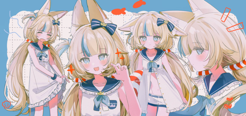 1girl ahoge animal_ears blonde_hair blue_bow blue_eyes blue_hair bow cat_ears closed_eyes closed_mouth dress fins fish_girl fish_tail hair_bow highres hokky_oku indie_virtual_youtuber lifebuoy_hair_ornament long_hair low_twintails multicolored_hair one_side_up open_clothes open_dress open_mouth sameko_saba short_shorts shorts sleeveless sleeveless_dress smile solo streaked_hair tail twintails very_long_hair virtual_youtuber white_dress white_shorts