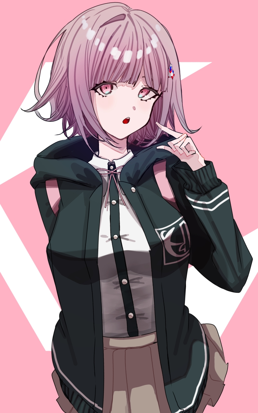 1girl :o absurdres breasts collared_shirt commentary_request danganronpa_(series) danganronpa_2:_goodbye_despair flipped_hair galaga hair_ornament highres hood jacket long_sleeves looking_at_viewer medium_hair miniskirt nanami_chiaki neck_ribbon open_clothes open_jacket pink_background pink_eyes pink_hair pink_ribbon ribbon shirt shirt_tucked_in skirt solo wema7_(emana_03) white_background white_shirt