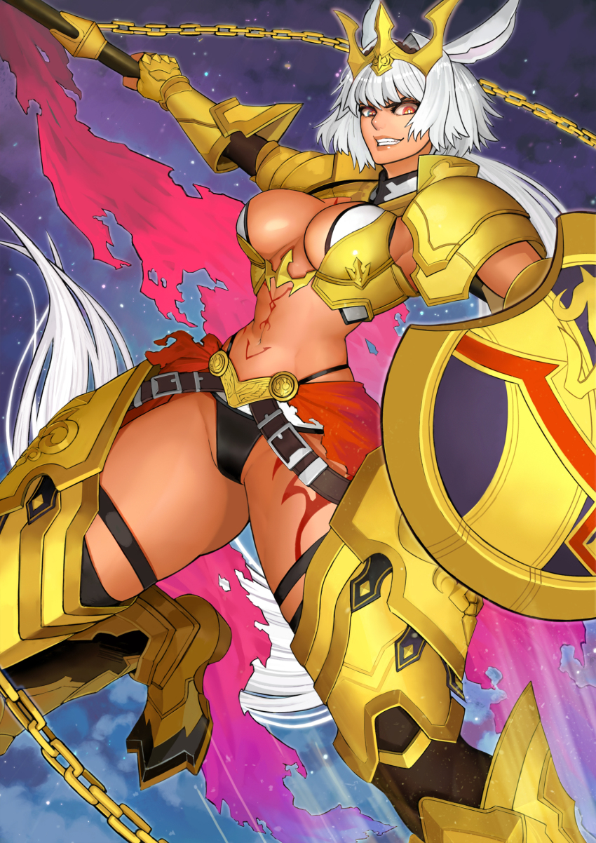 1girl abs absurdres animal_ears armor bikini black_bikini black_gloves black_thighhighs body_markings breasts caenis_(fate) caenis_(third_ascension)_(fate) cape chain dark-skinned_female dark_skin eguchi_tumoru elbow_gloves fate/grand_order fate_(series) faulds female_focus fire gloves gold_armor gold_chain grey_background hair_intakes headpiece highleg highleg_bikini highres large_breasts long_hair looking_at_viewer navel parted_lips pauldrons polearm ponytail red_cape red_eyes shield shoulder_armor sky solo spear star_(sky) starry_sky swimsuit tattoo thigh_gap thighhighs waist_cape weapon white_hair