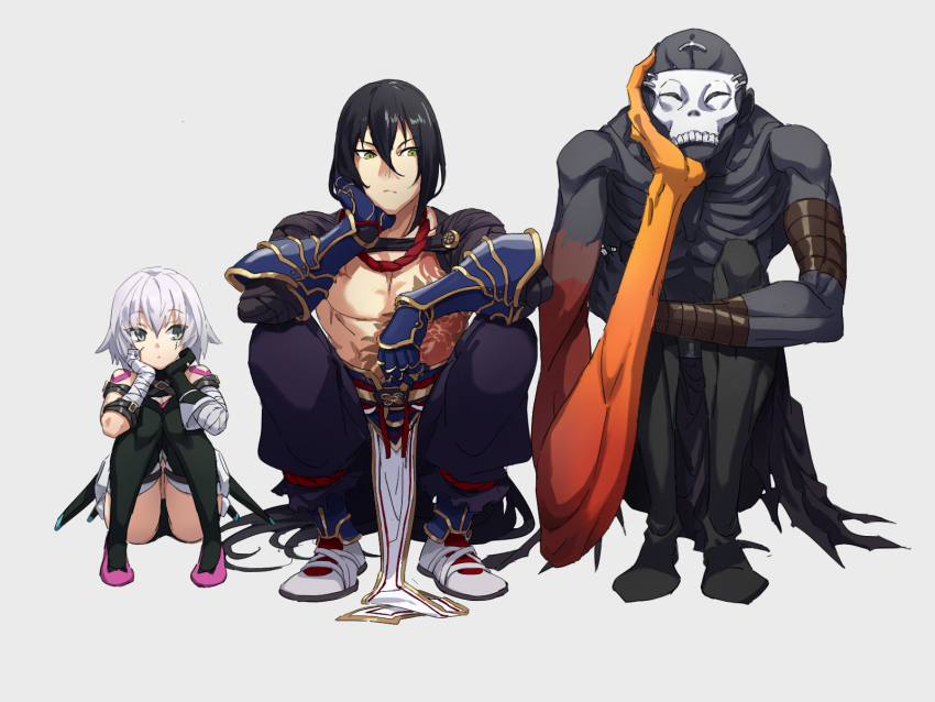 1girl 2boys asymmetrical_arms bald bandaged_arm bandages bare_shoulders boots chest_tattoo chinese_clothes colored_skin emaciated fate/grand_order fate_(series) gauntlets gloves green_eyes grey_skin hair_between_eyes hand_on_own_cheek hand_on_own_face hassan_of_the_cursed_arm_(fate) highres jack_the_ripper_(fate/apocrypha) long_hair mask moyashi_mou2 multiple_boys orange_skin pelvic_curtain ribs scar scar_on_face simple_background single_glove sitting skull_mask tattoo thigh_boots topless_male white_hair yan_qing_(fate)
