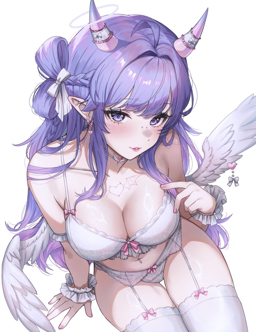 1girl absurdres bra braid breasts chest_tattoo cleavage collarbone commentary earrings ella_7737 english_commentary feathered_wings frilled_wrist_cuffs frills from_above garter_straps hair_rings highres horn_ornament horns indie_virtual_youtuber invisible_chair jewelry lace lace-trimmed_bra lace_trim large_breasts light_blush lingerie long_hair low_wings navel panties parted_lips piggie01 pink_lips pink_nails pointy_ears purple_eyes purple_hair purple_horns second-party_source side_braid sidelocks sitting solo tattoo thigh_gap thighhighs underwear virtual_youtuber white_bra white_garter white_garter_straps white_panties white_thighhighs white_wings wings wispy_bangs wrist_cuffs