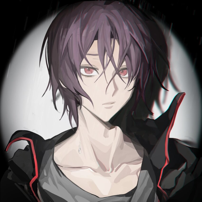 1boy black_jacket chinese_commentary collarbone collared_jacket commentary_request free! grey_shirt hair_between_eyes highres jacket looking_at_viewer male_focus matsuoka_rin open_clothes open_jacket parted_lips popped_collar purple_hair rain red_eyes red_trim shirt solo t-shirt upper_body wet wet_hair yanchuanyc